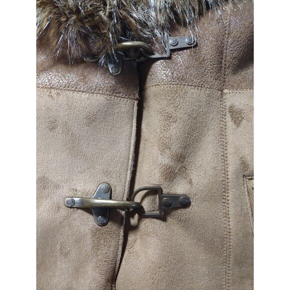 Jessica Simpson Sz L Faux Leather Fur Brown Coat Sherpa Lined Old Money Luxury - Picture 5 of 14